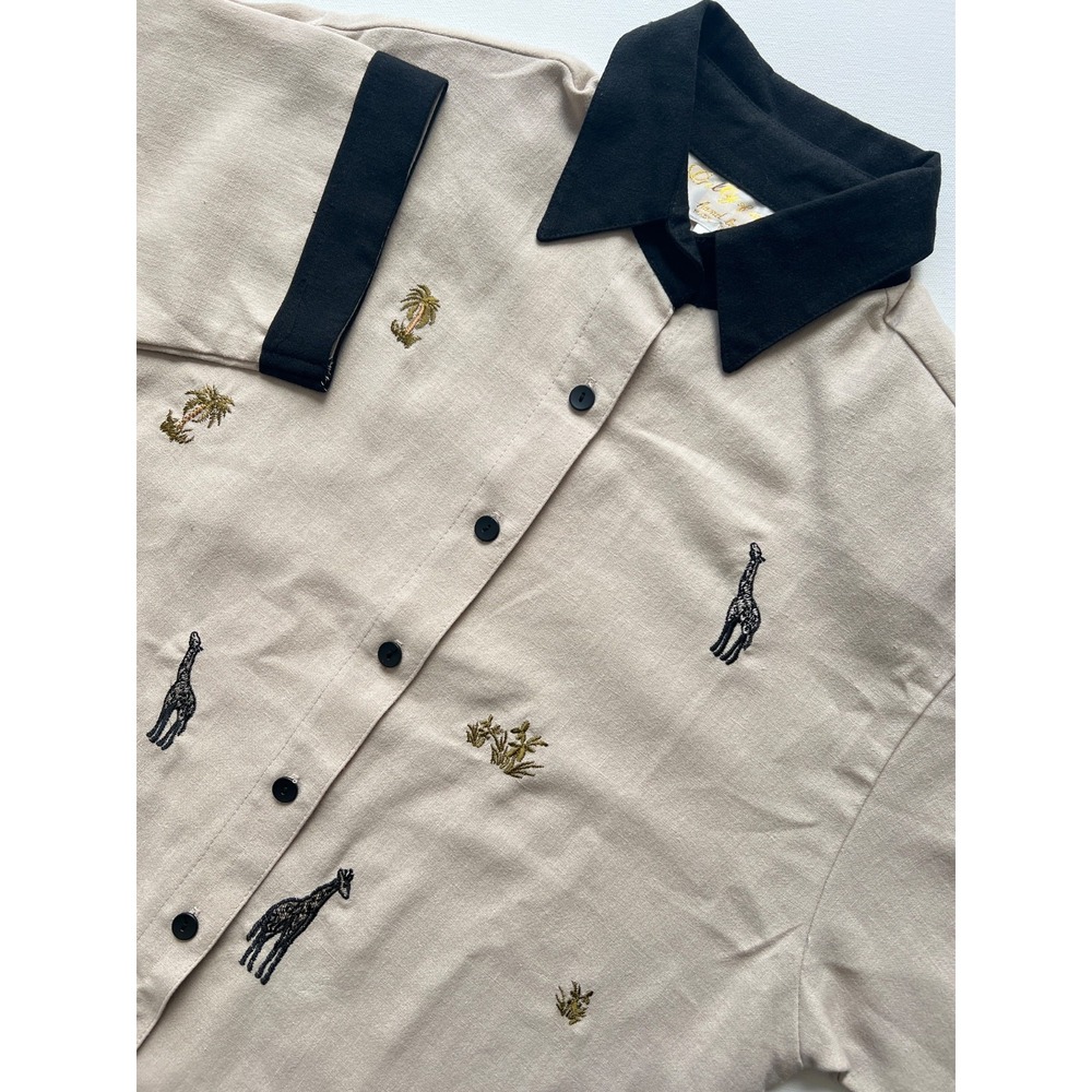 Linen Blend Shirt Cream Black Giraffe Safari Lilly of California Womens P NWT